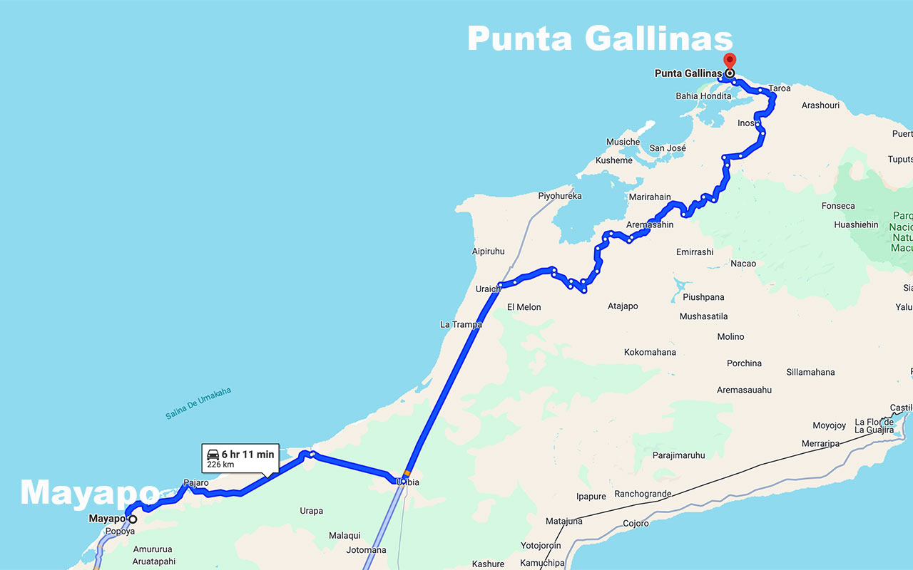 Map of drive from Mayapo to Punta Gallinas in kite trips Colombia