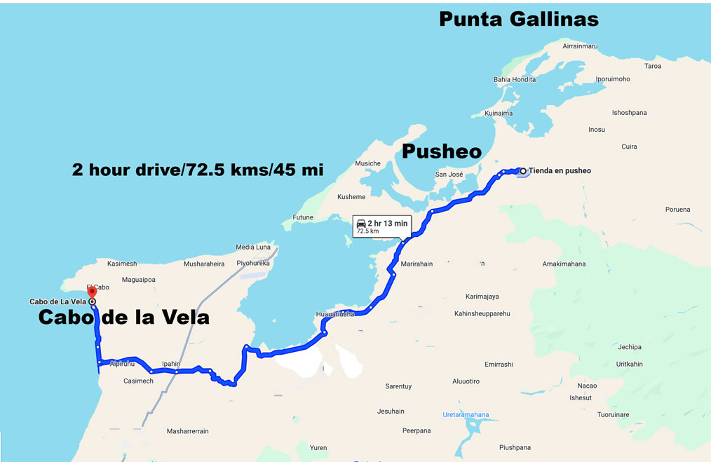 Map of desert drive in Colombia kitesurfing kite trips