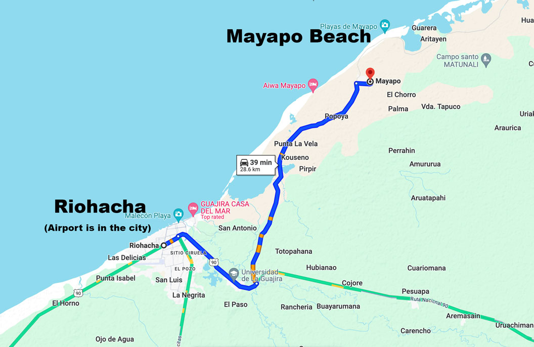 Map of the drive from Riohacha to Mayapo in kite trips Colombia