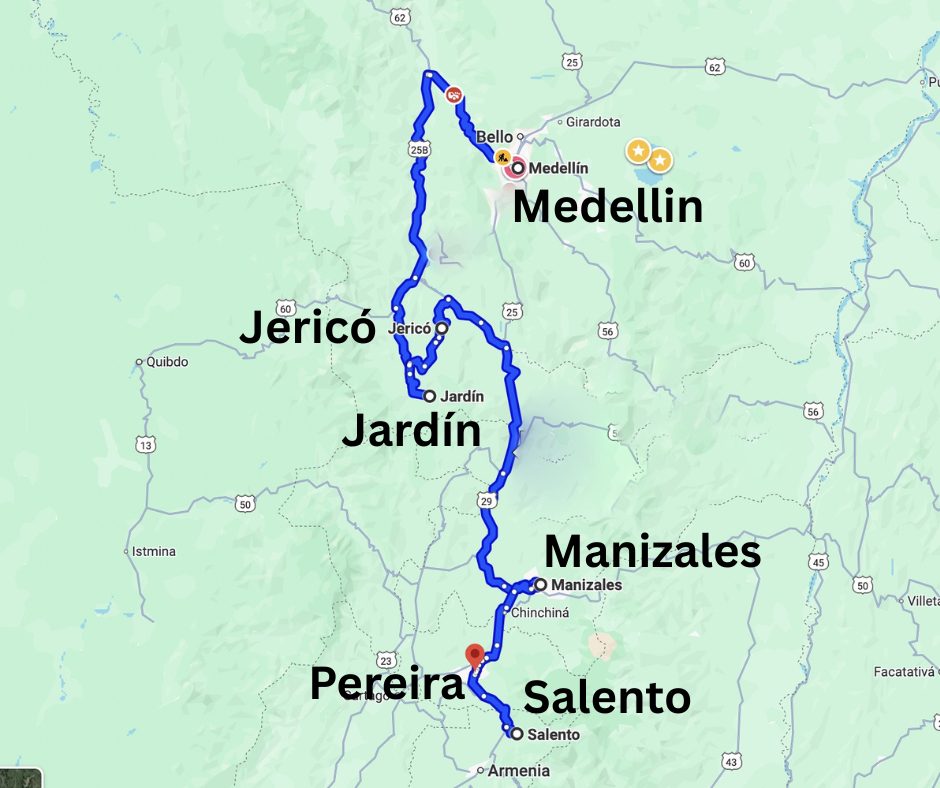 Road map adventure tours Colombia