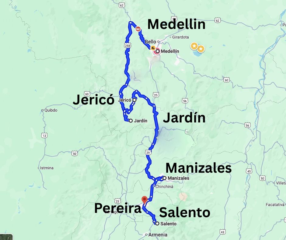 Road map adventure tours Colombia