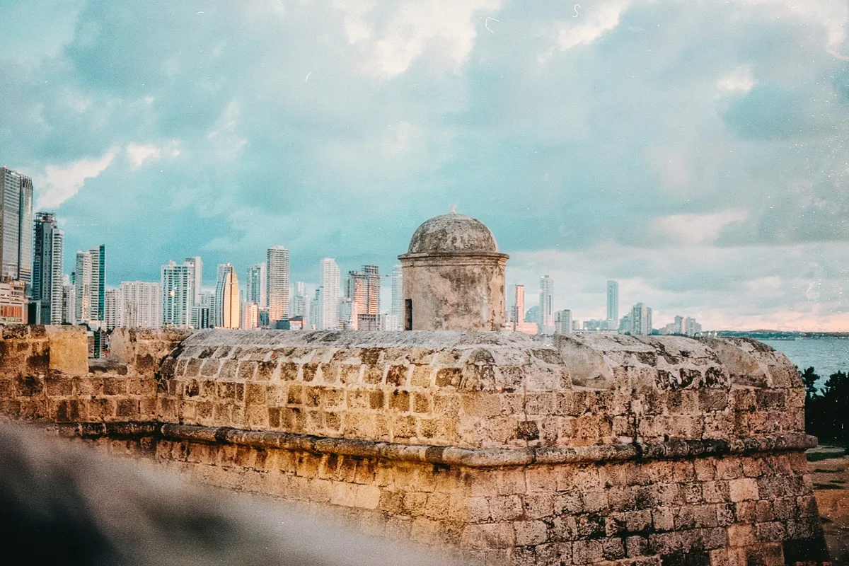 Cartagena old wall with modern skyline in the back