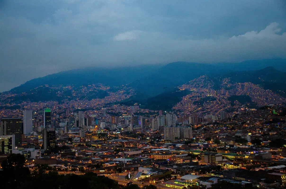 Night time view of the city of Medellin down in the valley of aburra